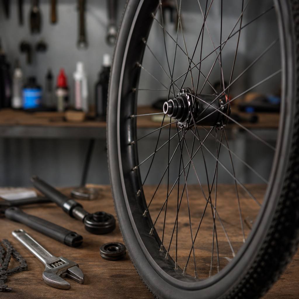 Close-up of a bicycle wheel in the workshop